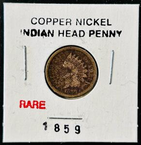 1859 Indian Head Cent Copper-Nickel Penny, Plain Edge, Heavy Wear, James B. Longacre Design