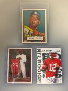 LeBron James 2003 Topps #221, Mickey Mantle 1952 Topps #311, Tom Brady 2000 Black Diamond #126 Rookie Cards