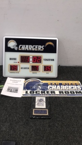 (1) San Diego Chargers Scoreboard Clock (1) Chargers Locker Room Sign (1) Chargers Junior Seau Card Plaque