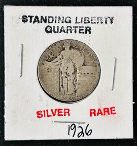1926 Standing Liberty Silver Quarter &ndash; 90% Silver, Philadelphia Mint, Vintage US Coin