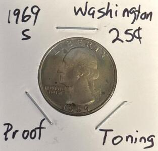 1969-S Proof Washington Quarter, San Francisco Mint, Toned, 91.67% Copper-Nickel