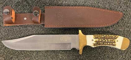 Break-Up Country Fixed Blade Bowie Knife Stainless Blade, Stag Handle, Leather Sheath