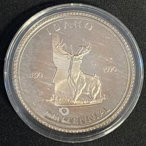 Idaho Centennial 1 oz .999 Silver Round &ndash; Gem State, Statehood 1890&ndash;1990, Elk & Syringa Design