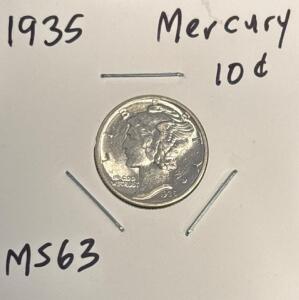 1935 Mercury Dime MS63, 90% Silver, Philadelphia Mint, Winged Liberty Head, Fasces Reverse