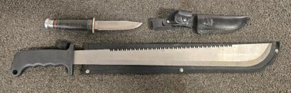 Vintage Kinfolks Hunting Knife w/ Leather Sheath & Modern 18" Sawback Machete