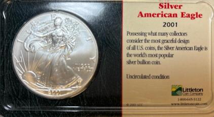 2001 American Silver Eagle 1 oz Coin, Uncirculated, 0.9993 Fine Silver, Littleton Holder