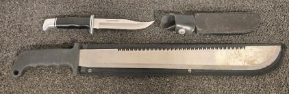Buck 119 USA Fixed Blade Knife w/ Leather Sheath & Sawback Machete w/ Nylon Sheath