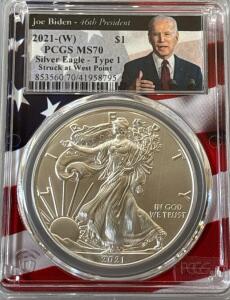 2021 (W) Silver Eagle $1 PCGS MS70 Type 1, West Point, Joe Biden 46th President Label, Cert#41958795