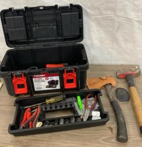 TOUGH 16-Inch Toolbox w/ Removable Tray, Lid Organizers & 10 Hand Tools &ndash; Pliers, Hammer, Hatchet