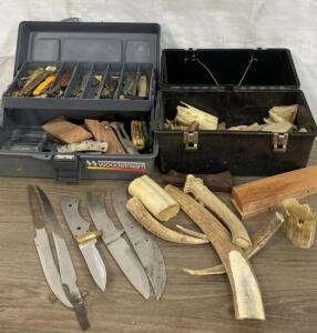 Vintage Knife Making Lot &ndash; Fixed & Folding Blanks, Antler/Bone Handle Material, Woodstream Toolboxes