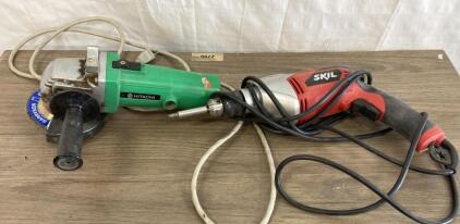 Hitachi Angle Grinder & SKIL Electric Drill, 120V, 4.5" Disc, 3/8" Chuck, Corded Power Tools - Both Power On