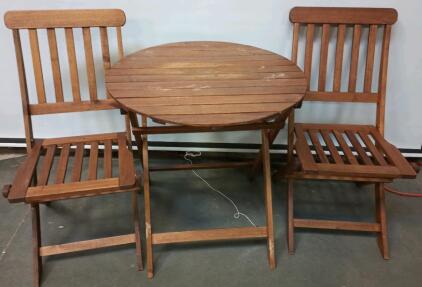 3-Piece Wooden Outdoor Patio Bistro Set &ndash; Round Table & 2 Slatted Chairs, Foldable, Brown