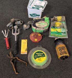 Mixed Garden Tool Lot: Pruning Shears, Hand Tools, Weed Eater Line, Fly & Wasp Traps, Sphagnum Mix
