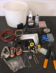 35+ Tool & Hardware Lot &ndash; Ratchet Straps, Bolt Cutters, Bucket, Brackets, Auto Fluid, Fittings