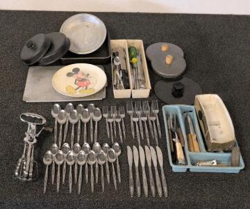 Vintage Kitchenware Lot - WearEver Pans, Disney Mickey Plate, Assorted Cutlery, Hand Mixer