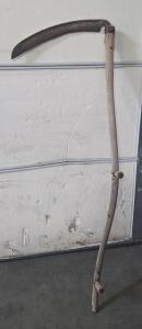 Antique 28" Steel Blade Wooden Scythe, 60" Handle, Traditional Farming Tool, Dual Grips