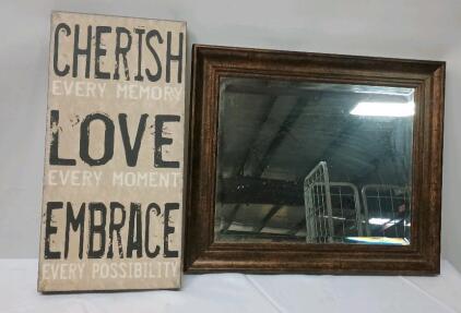 Wooden Framed Mirror 25" x 21", Inspirational Wall Hanging 23 1/2" x 11 1/2"