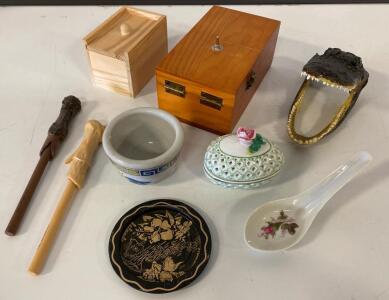 (2) Trick Boxes, Alligator Head, Pens And Household Knick Knacks