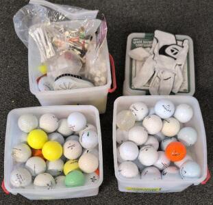 Large Golf Accessory Lot - ~65 Mixed Branded Balls, 250 Tees, TaylorMade Glove, Storage Tubs