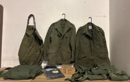 Military Surplus Lot: 2 M-65 Field Jackets XL, 3 OD Duffel Bags, ECWCS Undershirts, 8415 NSN