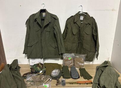 U.S. Military M65 Field Jacket Lot, Cold Weather Gloves, Liners, Camo Cap, Accessories