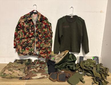 Swiss & US Military Surplus Lot: Alpenflage Jacket, BDU Pants, Wool Sweater, Gear Harness, Poncho