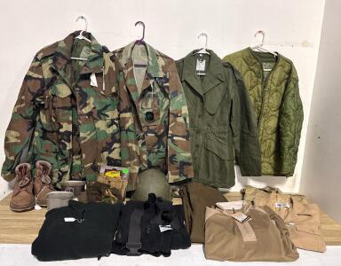 Military Surplus Lot: M65 & BDU Jackets, Wool Trousers, ECWCS Fleece, Helmet, Boots & More Sized Medium
