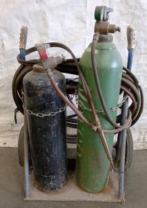 LINDE Oxy-Acetylene Welding Cutting Torch Set, Cart, Oxygen & Acetylene Tanks, 25ft Hoses