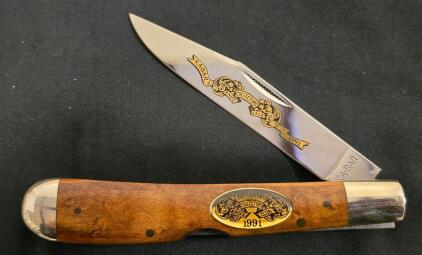 KA-BAR Collectors Knife Club 1991 Folding Pocket Knife, Burlwood Handle, Nickel Silver Bolsters