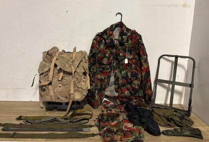 Swiss Alpenflage TAZ 83 Camo Uniform Set, Backpack, Frame, Mittens, Belts, Army Surplus Gear