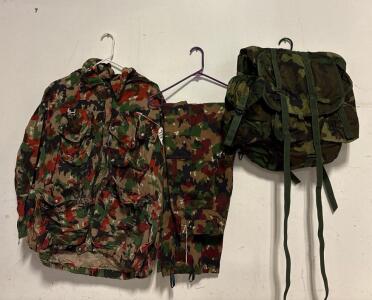 Swiss Alpenflage Military Field Gear Set: Camo Jacket, Pants, and Woodland Rucksack