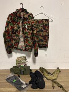 Swiss Alpenflage Camouflage Uniform Set w/ USGI Web Gear, Poncho, Mittens & Gloves All Size Medium
