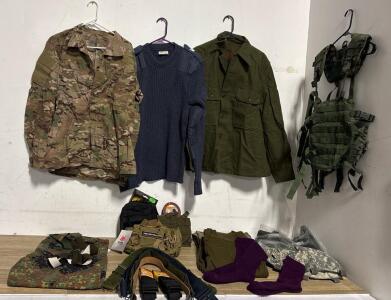 Mixed Military Surplus Lot Size XL Tactical Vest, Multicam & Flecktarn Clothing, Fox Tactical Pouches, Belts