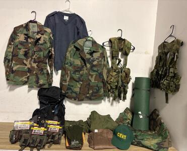 Military Surplus Lot Size Medium &mdash;BDUs, Load Bearing Vests, CERT Cap, Cabela&rsquo;s Pack, Pouches, Sleep Gear