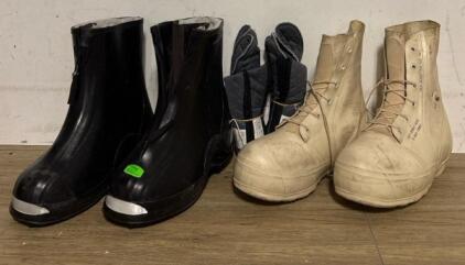 Vintage Military Rubber Overboots, Black Zipper & Tan Lace-Up, Heavy-Duty Waterproof Protection