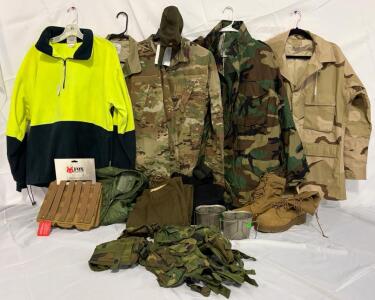 Military Clothing & Accessories &mdash; Size Medium & Large Clothing, Tops & Bottoms, Jackets, Boots, Vest & More