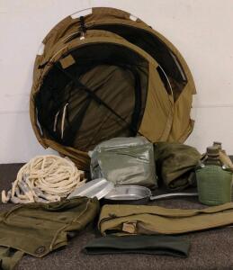 U.S. Military Surplus Field Gear Lot - Tent, Canteens, Mess Kit, Rope & Canvas Bags