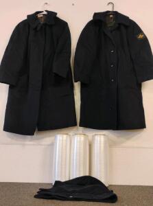 Pair of Black Military Overcoats with Detachable Fleece Liners, Button Front, Insignia Patch, Size Unknown