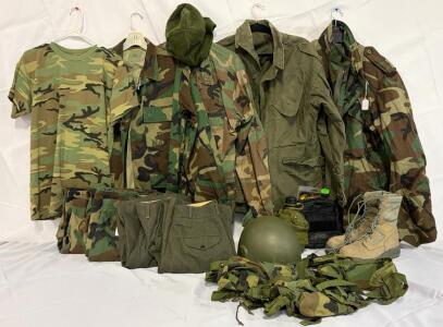 Military Clothing & Accessories &mdash; Size Medium Tops & Bottoms, Jackets, Helmet, Boots, Vest & More