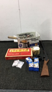(4) Halogen Lightbulbs, Dominion Electric Knife, Daisy BB Gun, Branding Iron, Masking Tape, Casino Played Cards