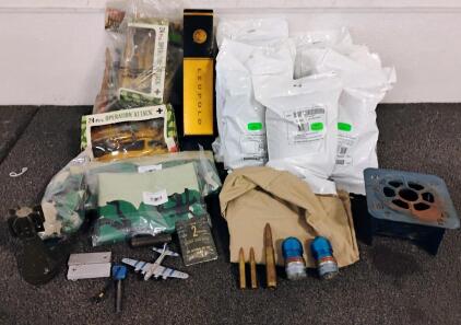 Military Surplus Lot :Knee Pads, Camouflage Bags, Dummy Ammo, Leupold Box, Toys