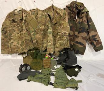 Military Clothing & Accessories &mdash; Size Medium Clothing, Coat, Tops & Bottoms, Pouches, Boots, Canteen & More