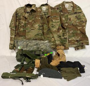 Military Clothing & Accessories &mdash; Size Medium Clothing, Tops & Bottoms, Pouches, Boots, Canteen Belt & More