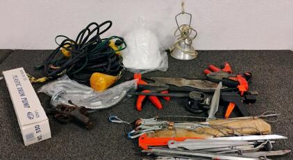 Construction & Camping Tool Lot: Craftsman Bar Clamps, Stakes, Drum Pump, String Lights, Hard Hat
