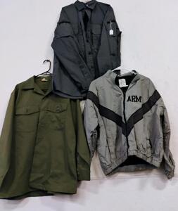 U.S. Army Uniforms Clothing Bundle: PT Jacket, BDU Shirt, Olive Shirt, 4x Camo Poncho Liners