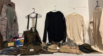 US & German Military Surplus Lot: Size Large, Uniforms, Flecktarn Bibs, Camo Pants, Thermal Shirts, Hats, Flags