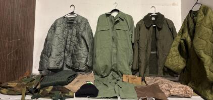 U.S. Military Surplus Lot: Size Medium, M-65 Field Jacket, Quilted Liners, BDU Pants, Coveralls, Camo Gear