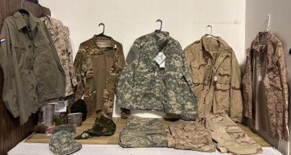 Mixed US Military Uniforms, Field Jackets, Pants, Gear Lot &ndash; ACU, MARPAT, DCU, Multicam, Canteen, 15+ pcs- Size Medium