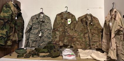 Mixed US Military Surplus Lot: 5 Camo Jackets Size Large, Field Gear, Rothco Uniform Shirt, Thermals