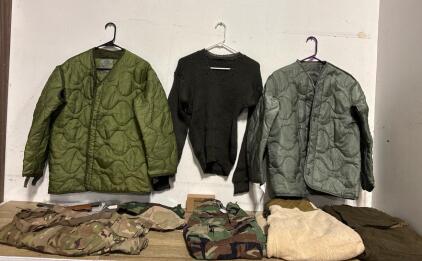 Mixed US Military Cold Weather Lot Size Small: M65 Liners, Wool Sweater, Multicam & Woodland Pants, Bibs